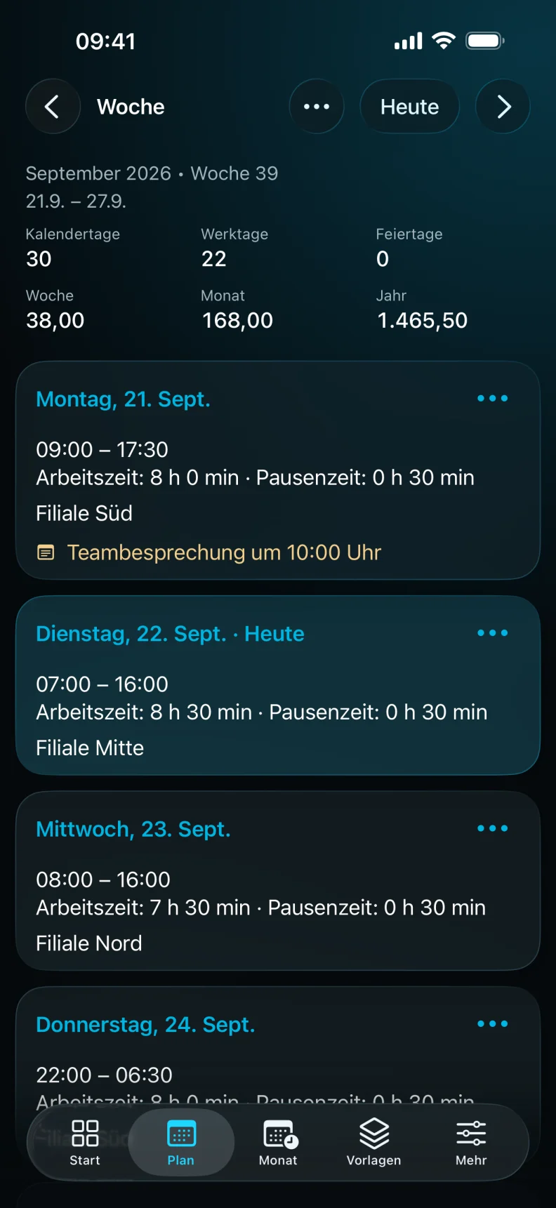 Rytavo Wochenplan mit Diensten, Pausen und Notizen