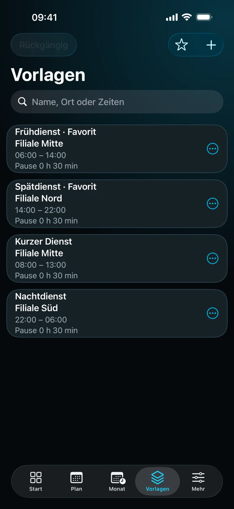 Dienstvorlagen und Favoriten